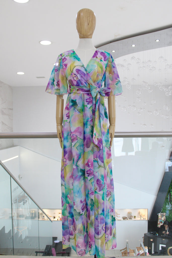 Vestido floral lila y verde