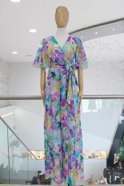 Vestido floral lila y verde