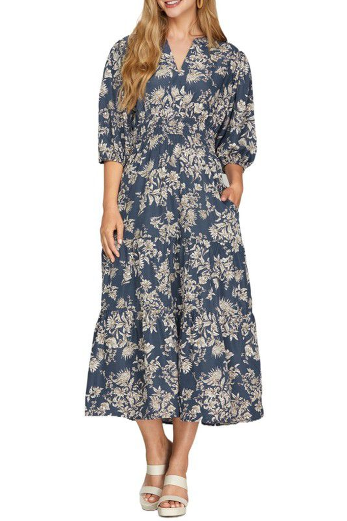 Vestido azul con flores beige