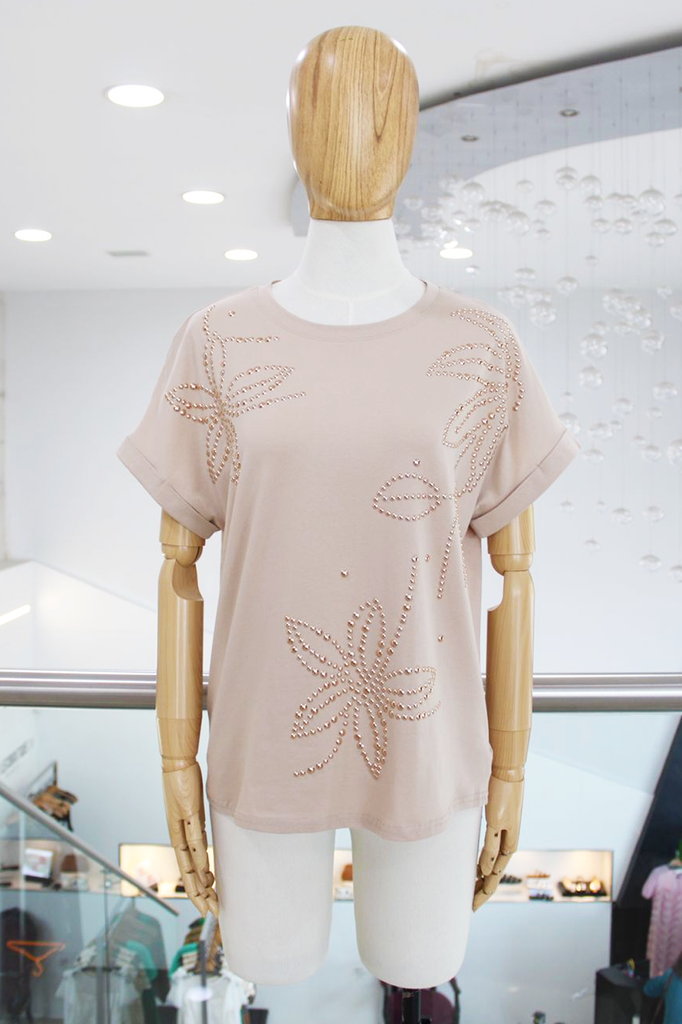 T-shirt beige flores estoperoles