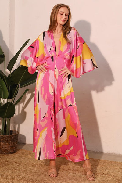 Vestido largo print fucsia