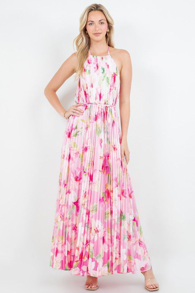 Vestido plisado flores rosa