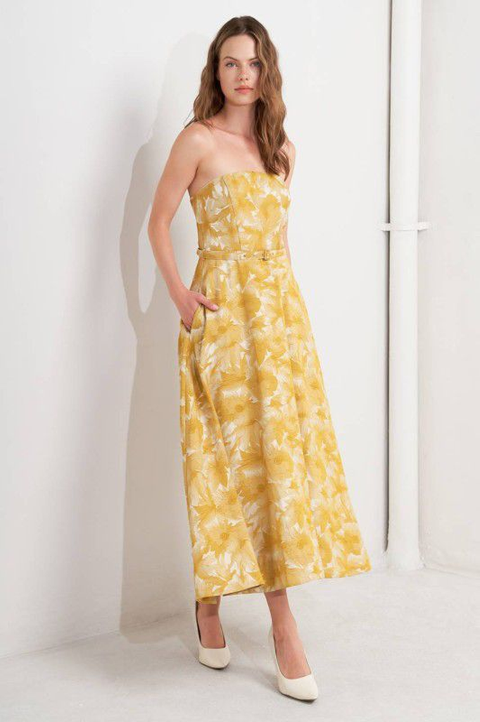 Vestido strapless floral amarillo