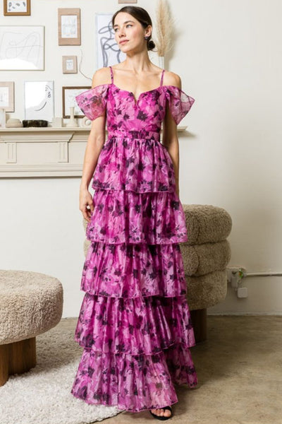 Vestido magenta volantes