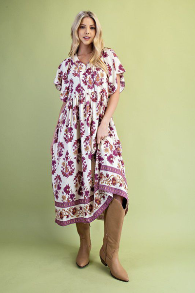 Vestido midi beige con magenta