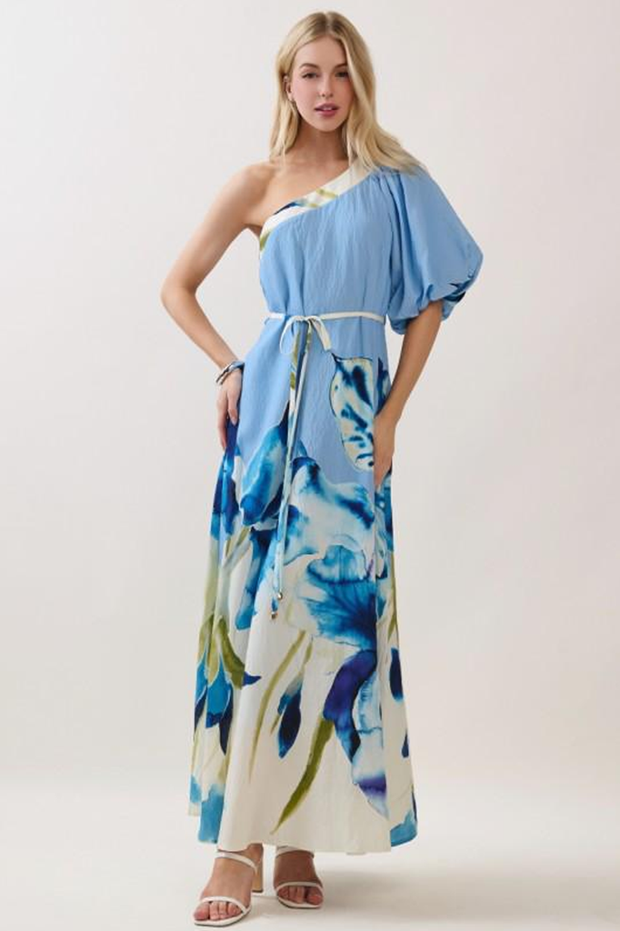 Vestido a un hombro azul