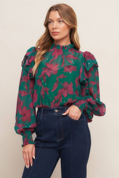 Blusa verde con flores magenta