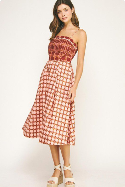 Vestido midi estampado rojo quemado