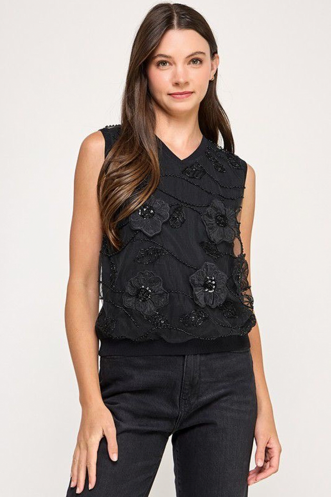 Blusa negra con flores 3D