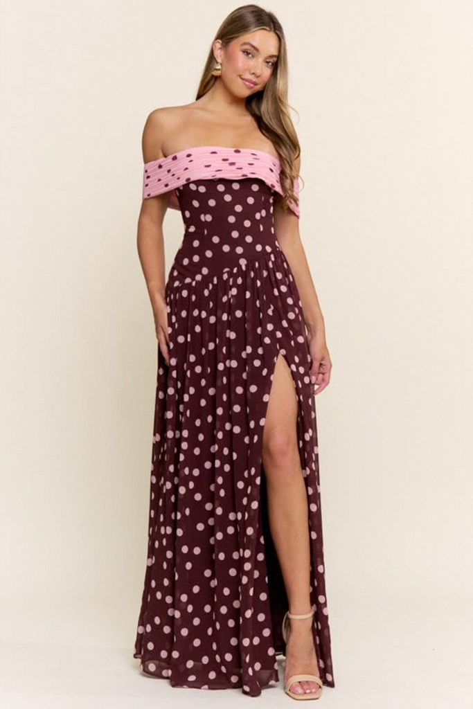 Vestido polka dots café y rosa
