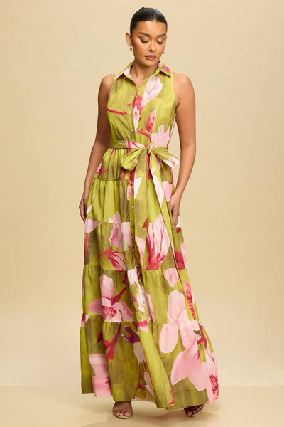 Vestido verde y rosa