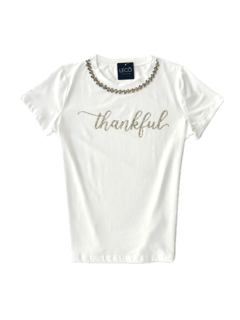 T-shirt blanca thankful