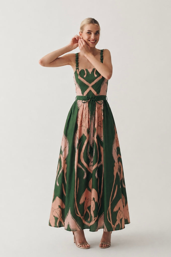 Vestido verde maxi flores