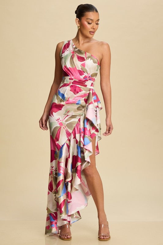 Vestido a un hombro satín fucsia