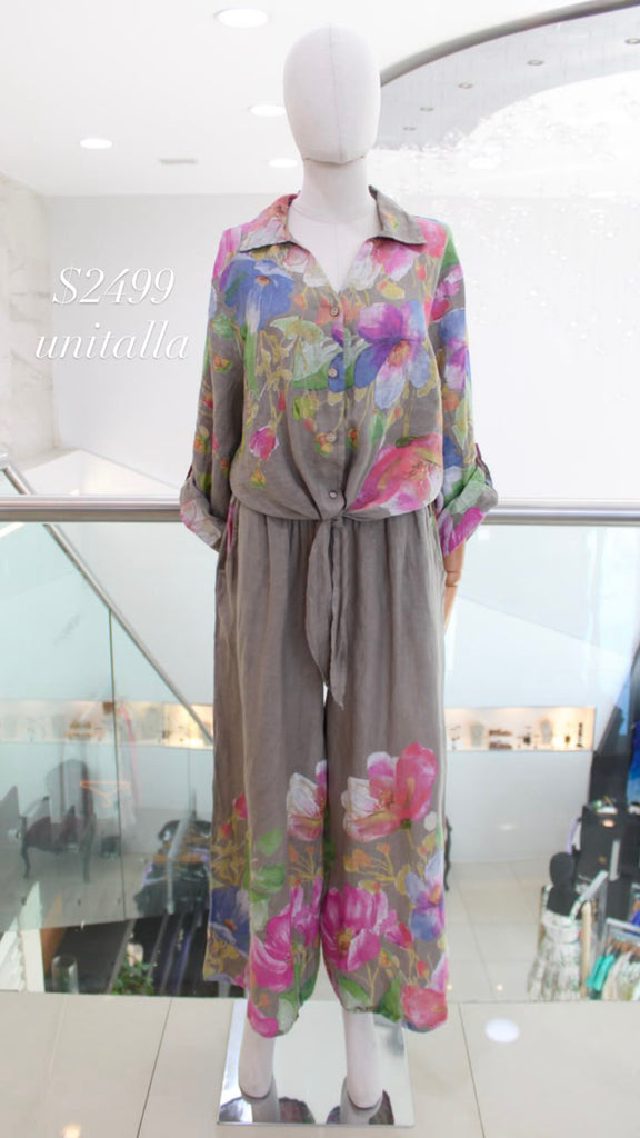 Conjunto lino café floral