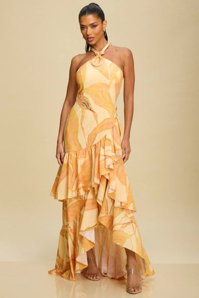Vestido largo naranja y amarillo