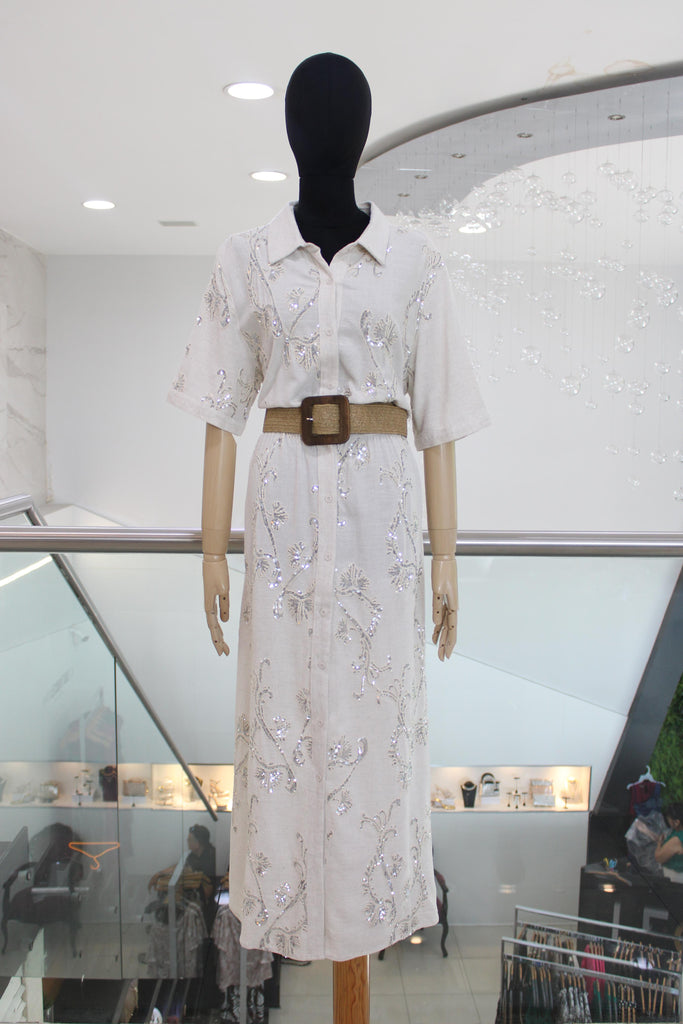 Vestido camisero largo beige
