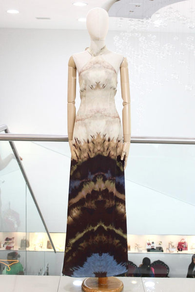 Vestido halter café y beige