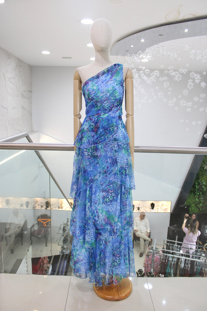 Vestido a un hombro print azul