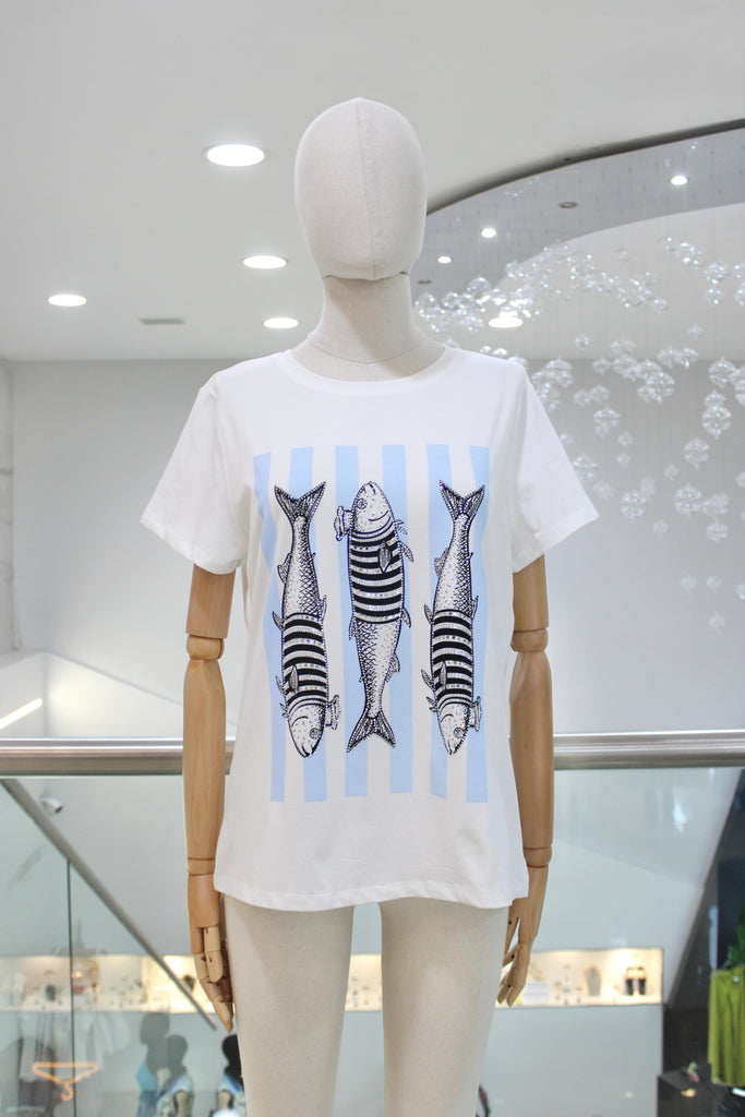 T-shirt blanca peces
