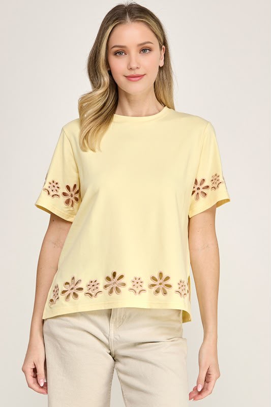 T-shirt baby yellow bordada