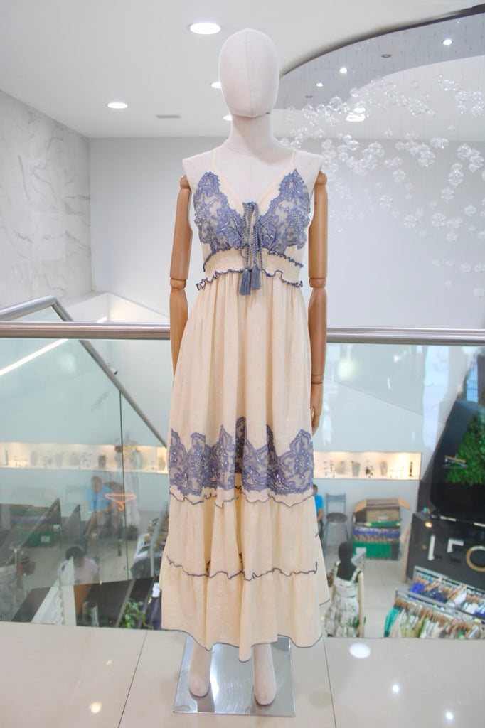 Vestido lino crema y azul