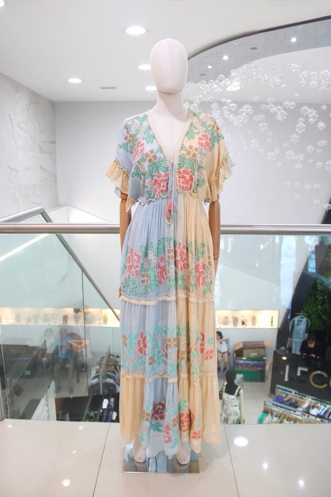 Vestido algodón azul y beige