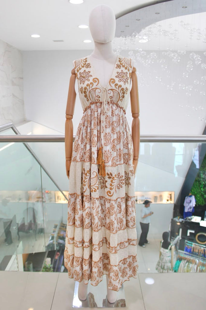 Vestido lino print beige y café